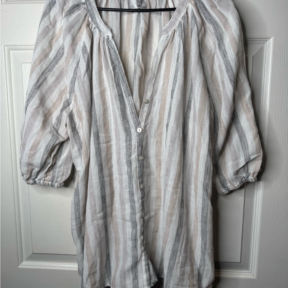 Neutral Striped Button-Down Blouse - image 6